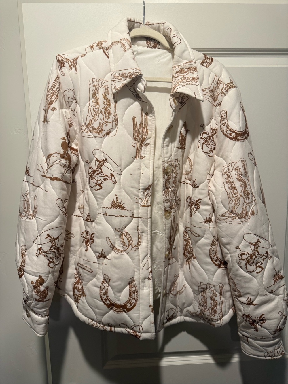 Quilted Western-Print Women's Jacket in Ivory and Brown